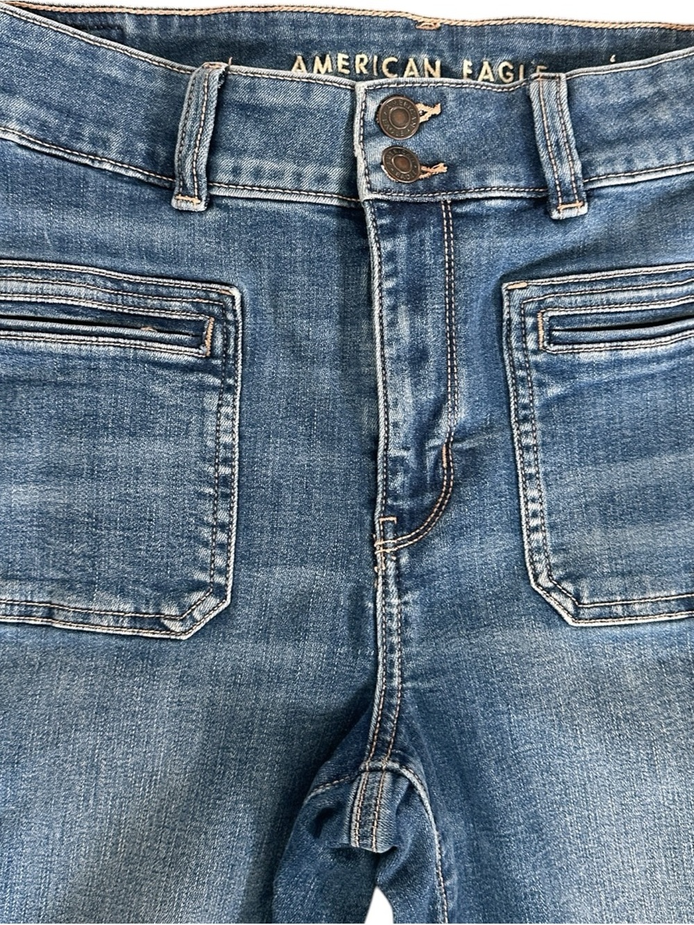 American Eagle Super High Rise Flare Jeans Front Pockets AE BOHO Festival US 10 - Picture 4 of 7